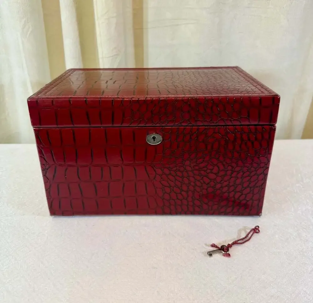 Wolf Jewelry Box w/ LusterLoc Protection, Red Faux Croc Leather